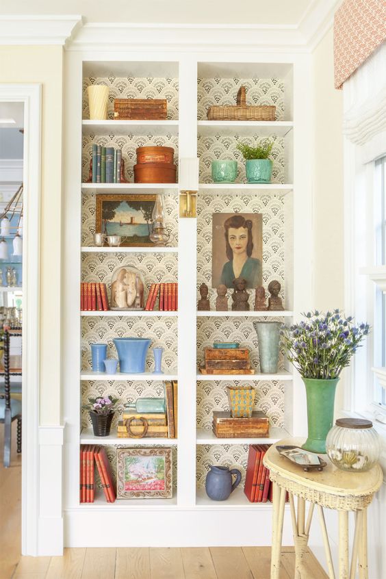 Bookcase filled with blue and green Bauer pottery | Girlfriend is Better