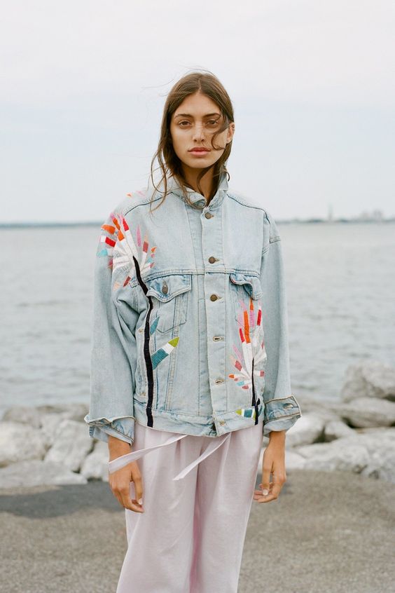 Embroidered denim jacket by Mara Hoffman | Embellished jackets | Girlfriend is Better