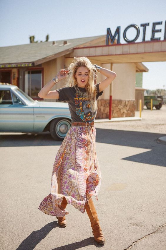 Add western accessories and a vintage band tee with maxi skirts | Girlfriend is Better