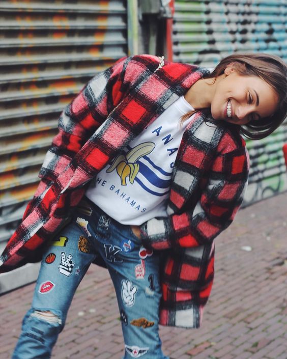 Plaid coat + jeans + patches | Girlfriend is Better