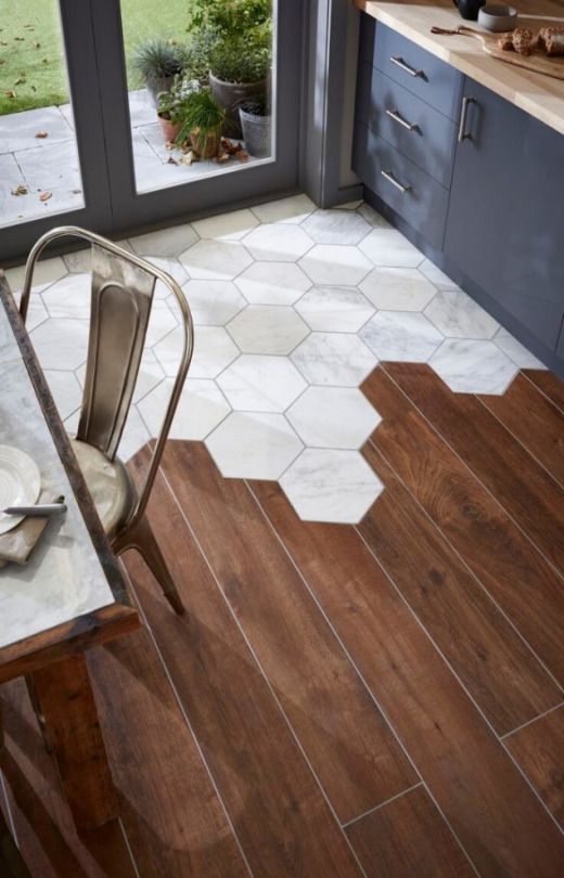 Tile in hexagons break up the monotony of a wood floor | Girlfriend is Better