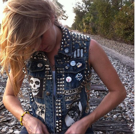 Patches, pins, studs on denim vest | Girlfriend is Better