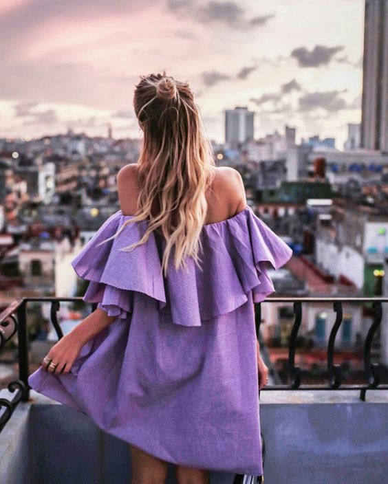 Purple sun dress off the shoulder with big ruffles | Spring fashion | Girlfriend is Better