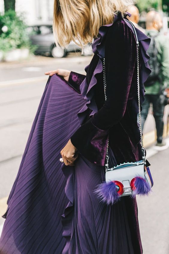 Purple velvet jacket and pleated skirt | Spring fashion | Girlfriend is Better