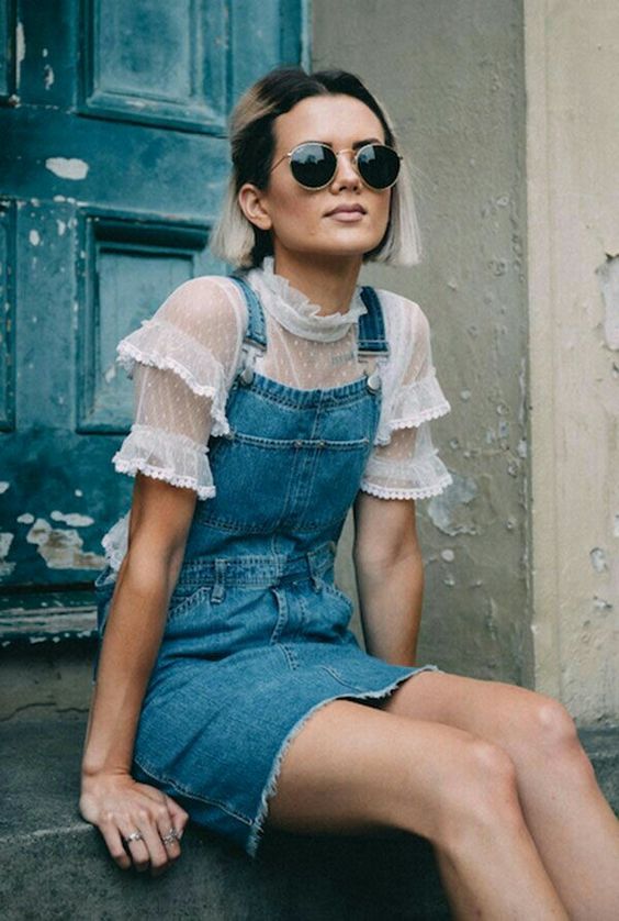 Ruffles on a sheer blouse make overalls more feminine | Girlfriend is Better