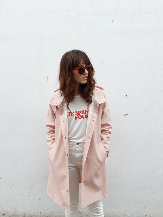 All white pants and graphic tee with pink coat | Girlfriend is Better