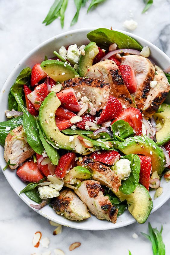 Strawberry Avocado Spinach Salad with Chicken recipe | Girlfriend is Better