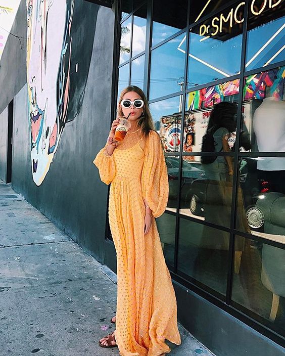 Yellow and orange maxi dress with billowy sleeves for spring fashion | Girlfriend is Better