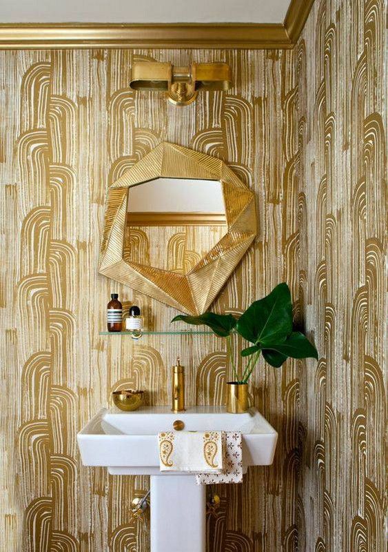 Gold powder room wallpaper and mirror | Girlfriend is Better