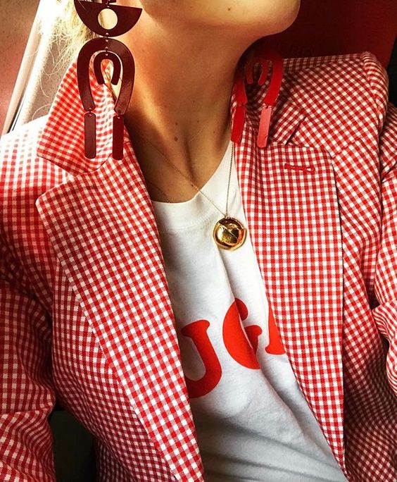 Red gingham jacket and graphic tee for Memorial Day | Girlfriend is Better