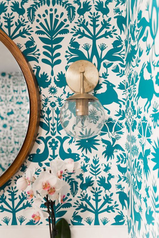 Round geometric mirrors and pretty bathroom wallpaper | Girlfriend is Better