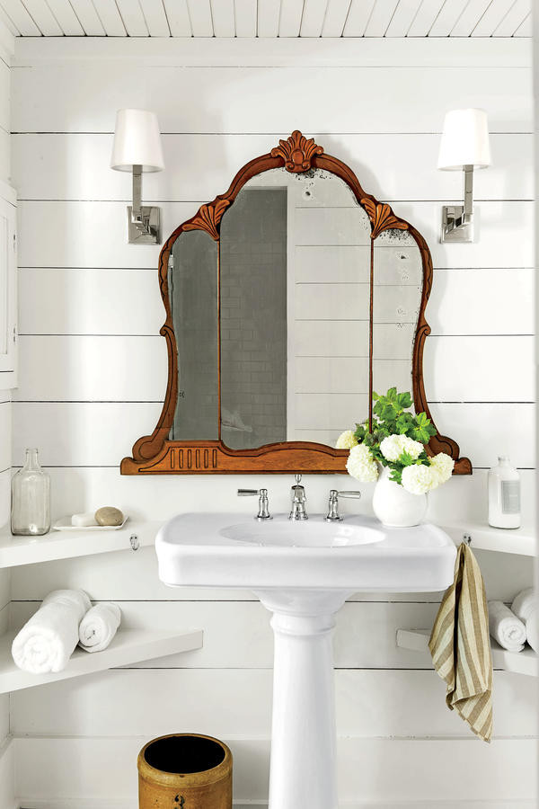 Vintage Southern geometric mirrors warm up a modern powder room | Girlfriend is Better