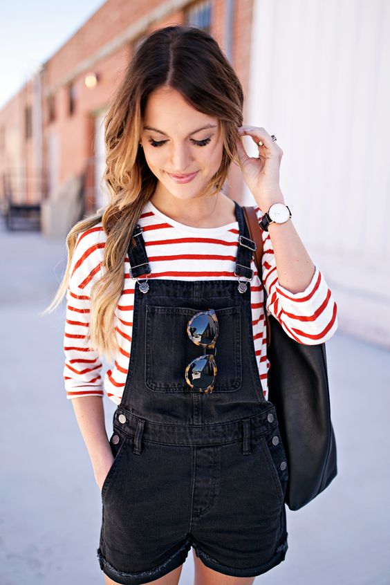 Stripes paired with overall shorts | Girlfriend is Better