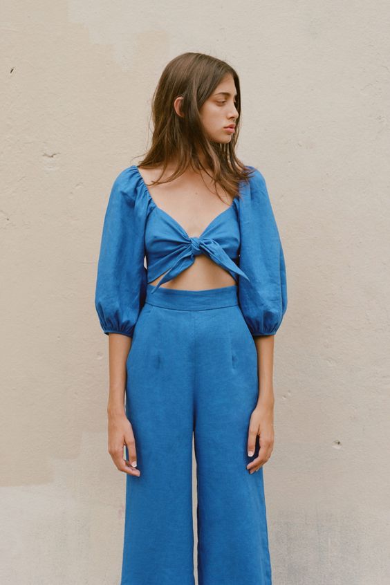 Mara Hoffman tie front top and high-rise pants look like a jumper | Girlfriend is Better