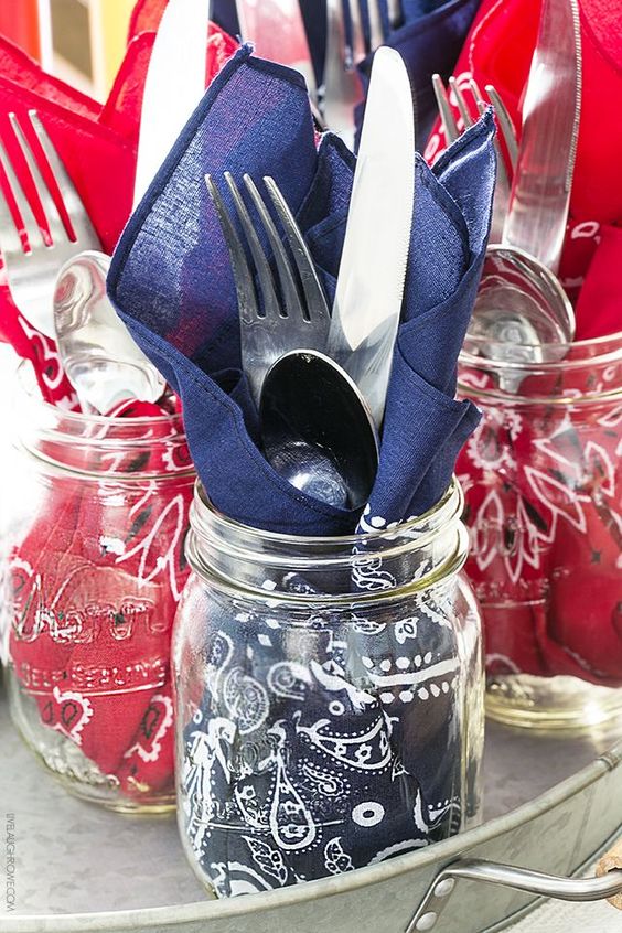 Bandana napkins + silverware in Bell jar for patio party decor | Girlfriend is Better