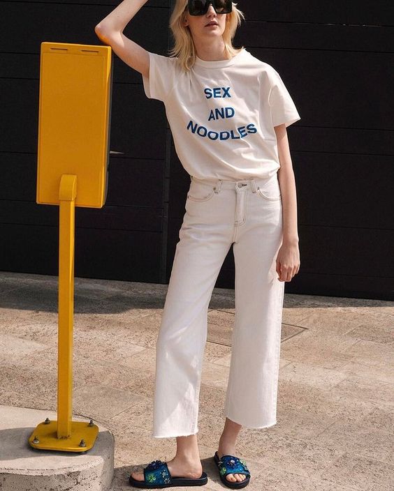 Sex and noodles graphic tee, all white summer outfit, athleisure sandals slides | Girlfriend is Better