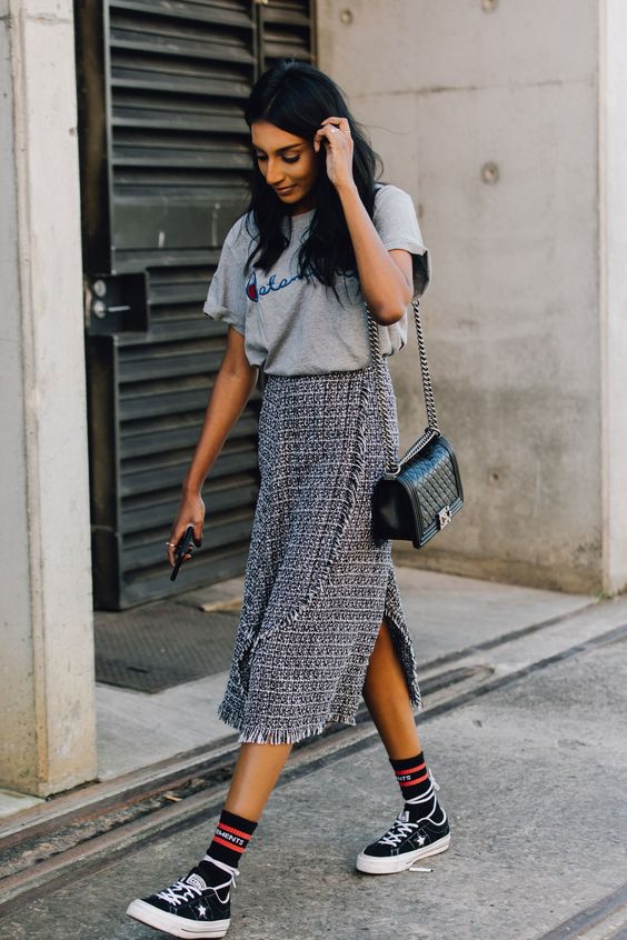 Skate style socks and Vans shoes with wrap skirt and graphic tee | Girlfriend is Better