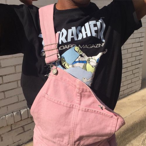 Skate style with Thrasher tee shirt and pink overalls | Girlfriend is Better