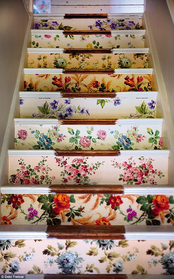 Vintage fabric stair risers chic staircase | Girlfriend is Better