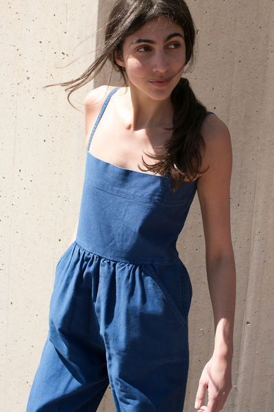 Denim jumpsuit with gathered waist | Girlfriend is Better