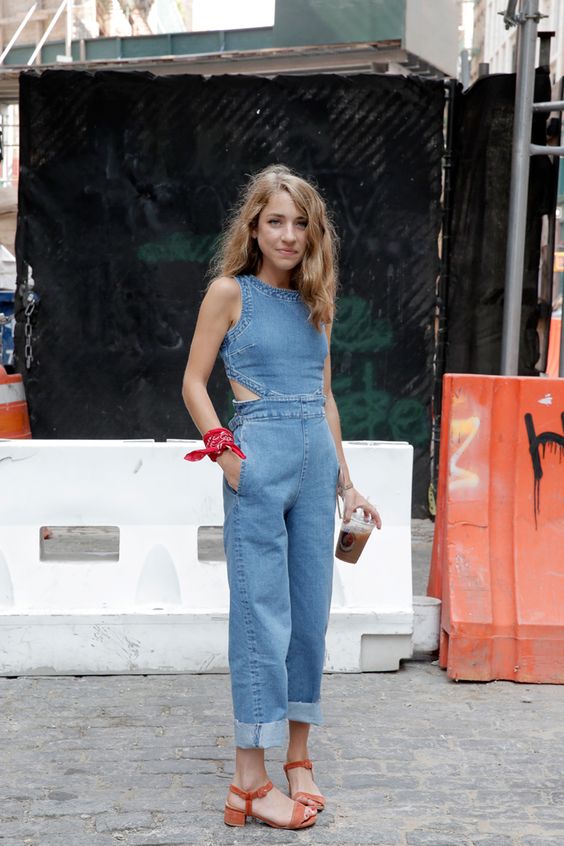 Denim jumpsuit with side cutouts and rolled hem | Girlfriend is Better