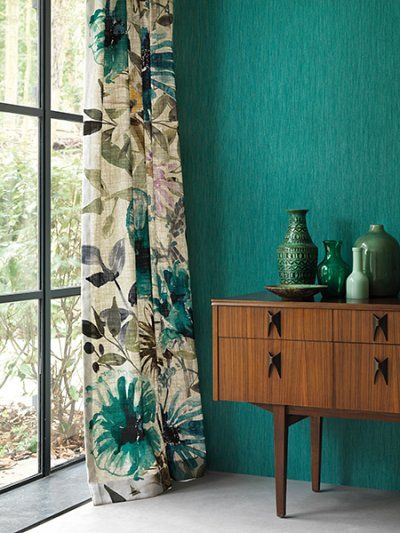 Floral curtains green wall mid century modern sideboard | Girlfriend is Better