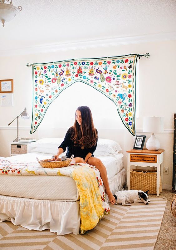 Valance floral curtains warm up a Bohemian bedroom | Girlfriend is Better