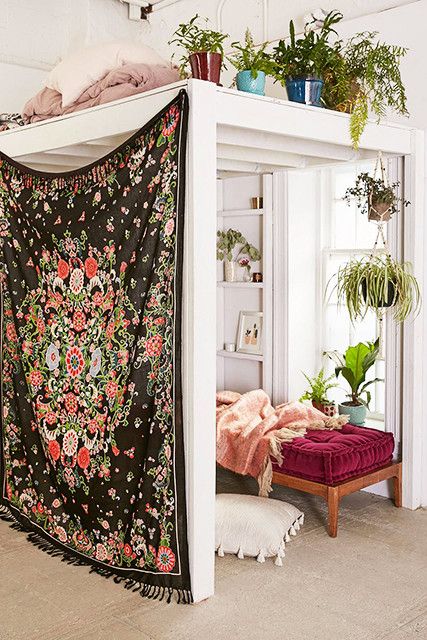 Tapestry in loft area floral curtains | Girlfriend is Better