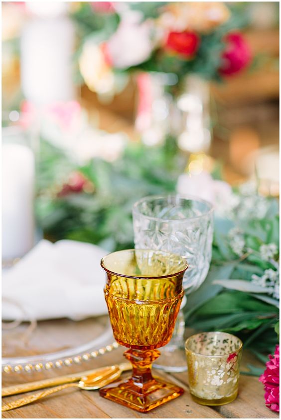 Vintage amber glassware goblets table setting | Girlfriend is Better