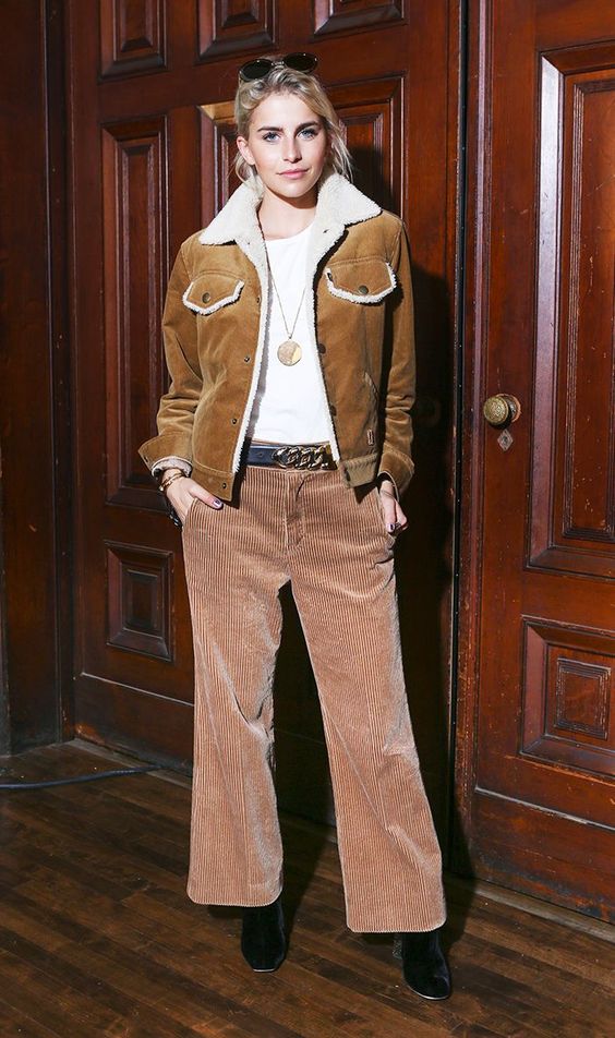 Western shearling jacket with cropped wide-leg corduroy pants | Girlfriend is Better