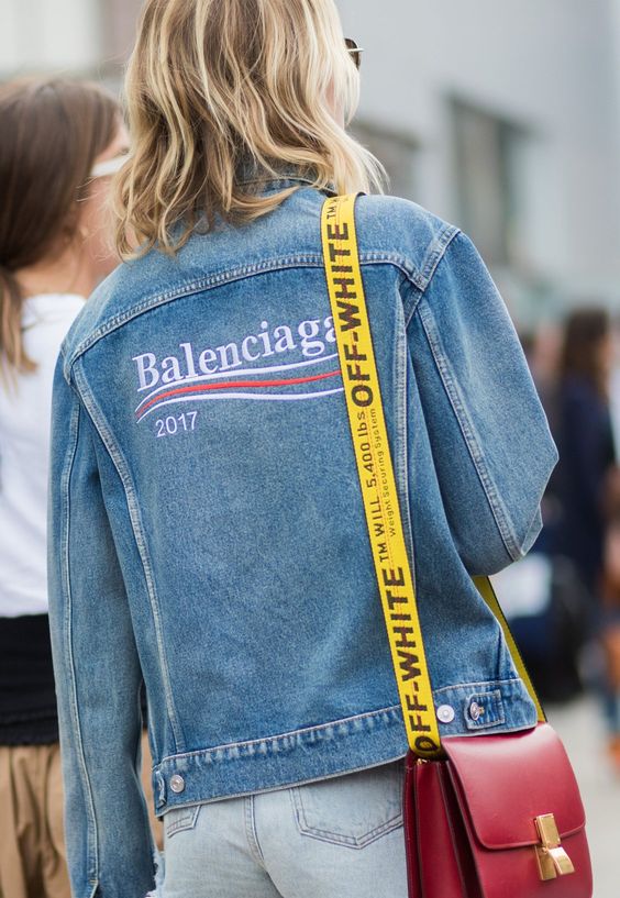 Balenciaga embroidered lettering on jean jacket | Girlfriend is Better