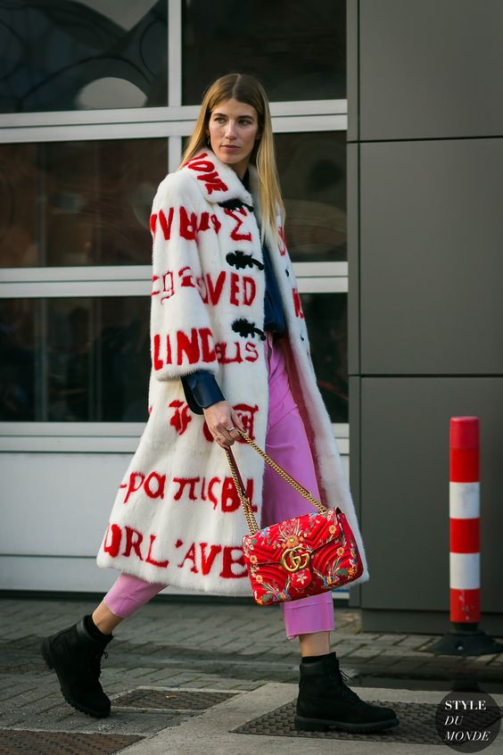 Bold red lettering on mid-length fur coat | Milan FW Fall 2017 | Girlfriend is Better