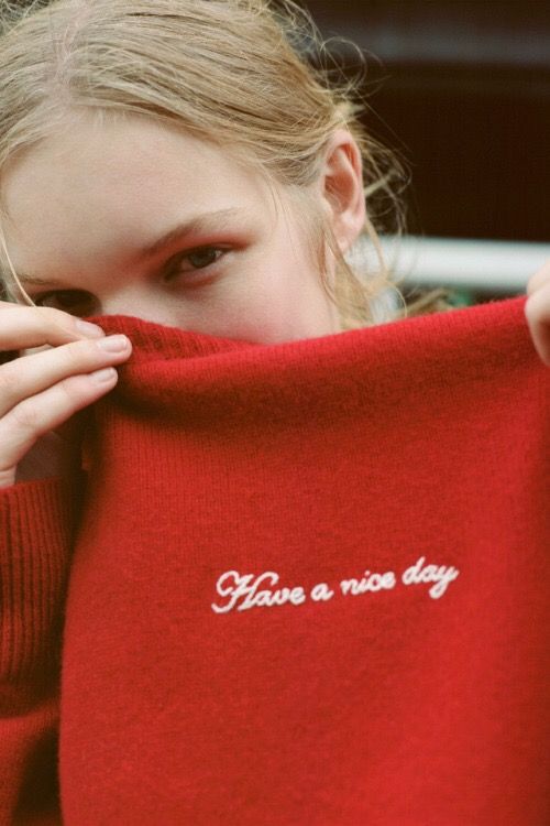 Have a Nice Day embroidery on red sweater | Girlfriend is Better