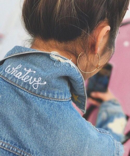 Whatevs embroidered lettering on denim jacket collar | Girlfriend is Better