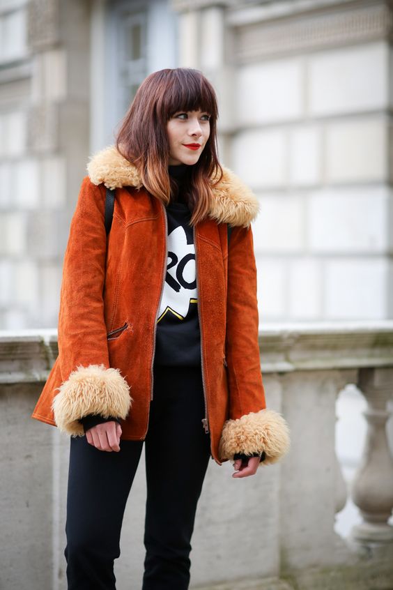 Burnt orange suede coat with shearling collar and cuffs | Girlfriend is Better