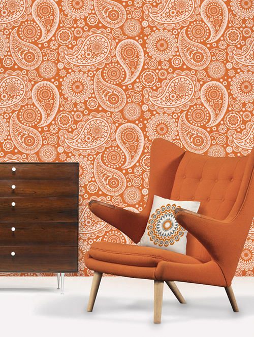 Orange mid-century modern wingback chair paisley wallpaper | Girlfriend is Better