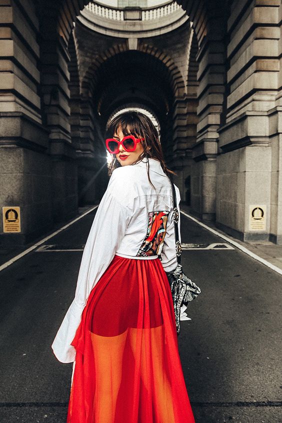 Red slip on the outside with sunglasses and white denim jacket embroidery | Girlfriend is Better