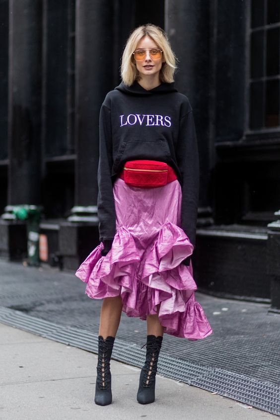 Red fanny pack with pink ruffle skirt | Girlfriend is Better