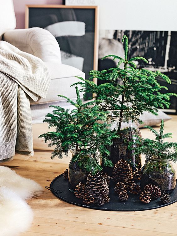 Christmas Tree vignette using vases and pine cones | Hygge decor | Girlfriend is Better