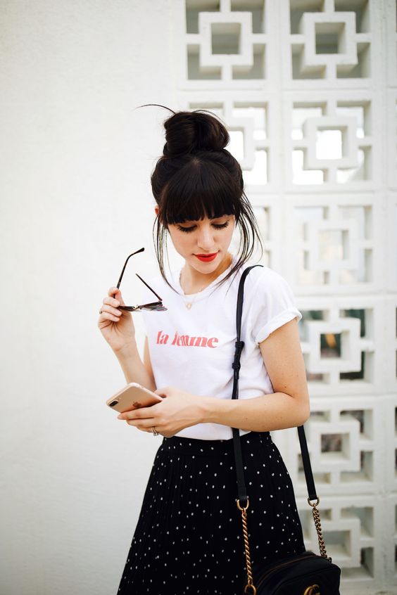 Black skirt with polka dots and French graphic tee | Girlfriend is Better