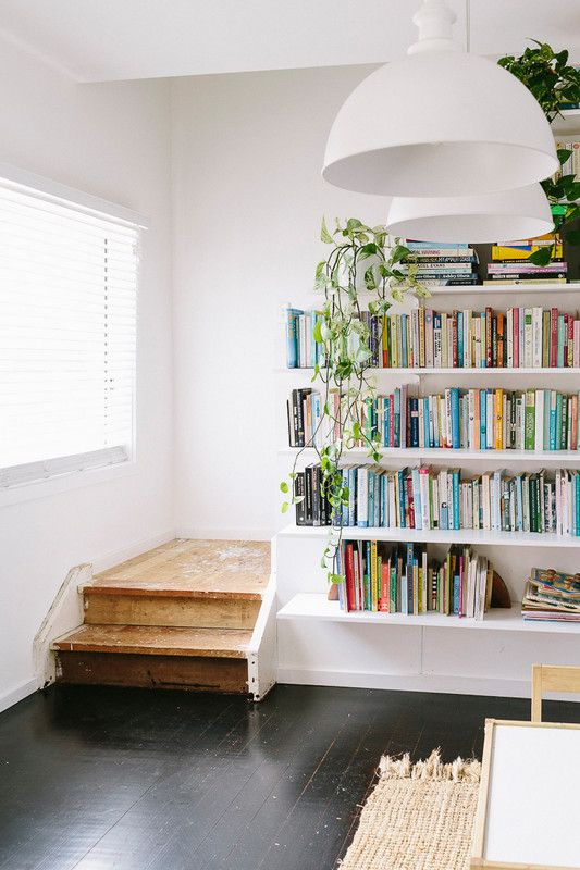 Organization ideas for stairways | Bookshelves open shelving | Girlfriend is Better