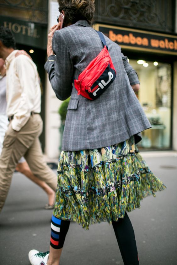 Print mixing skirt, plaid blazer, Fila fanny pack | Paris Fashion Week 2018 | Girlfriend is Better