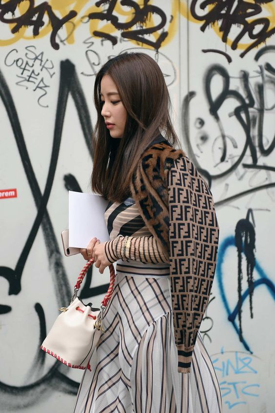 Print mixing plaid skirt, striped shirt, Fendi jacket | Milan Fashion Week 2018 | Girlfriend is Better