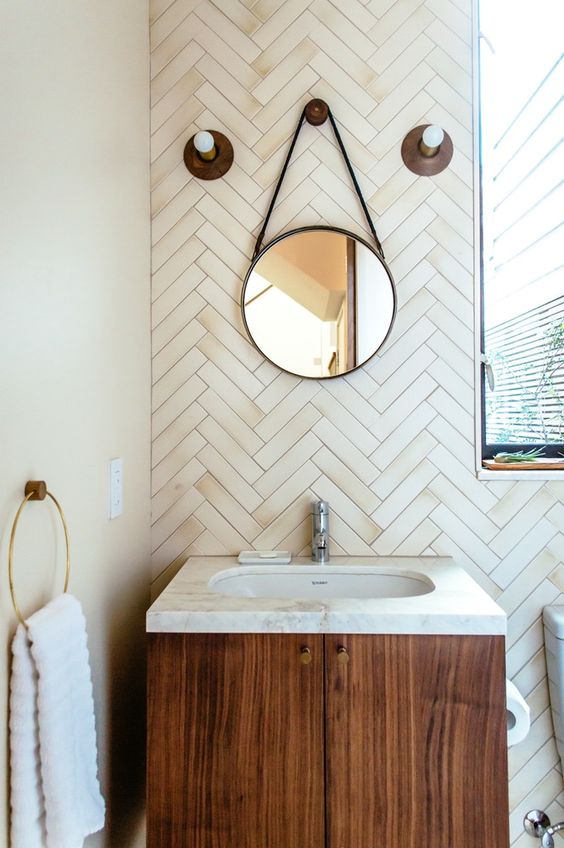 Earth element Feng Shui | Herringbone ceramic tile back splash | stone bathroom sink | Girlfriend is Better