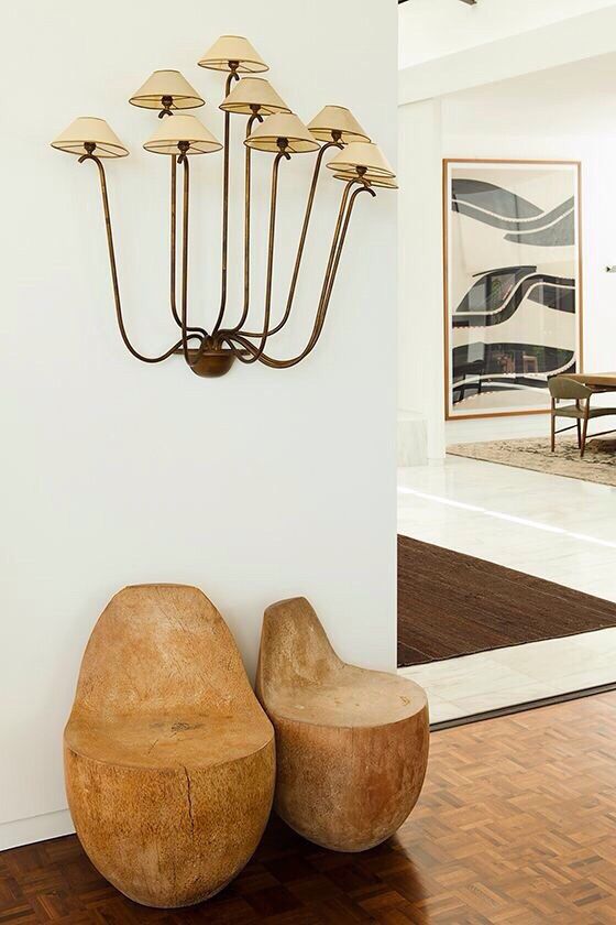 Earth element Feng Shui | Mushroom style sconce, heavy wood seats | Girlfriend is Better