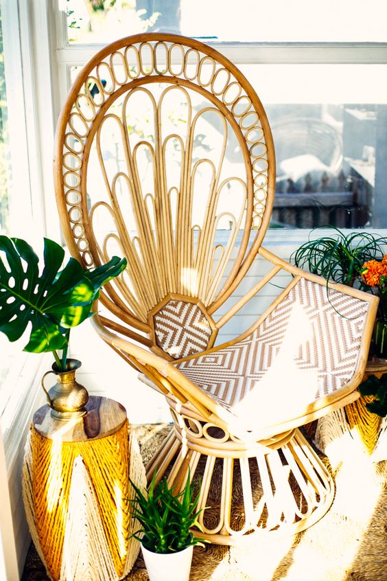 Peacock chair in sun room nook gold accent decor | Girlfriend is Better