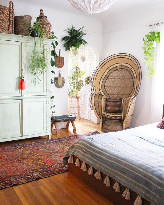 Peacock chair bedroom nook Persian rug | Girlfriend is Better