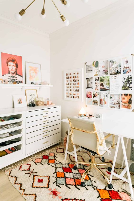 Home office organization | Bohemian white desk drawers gallery wall | Girlfriend is Better