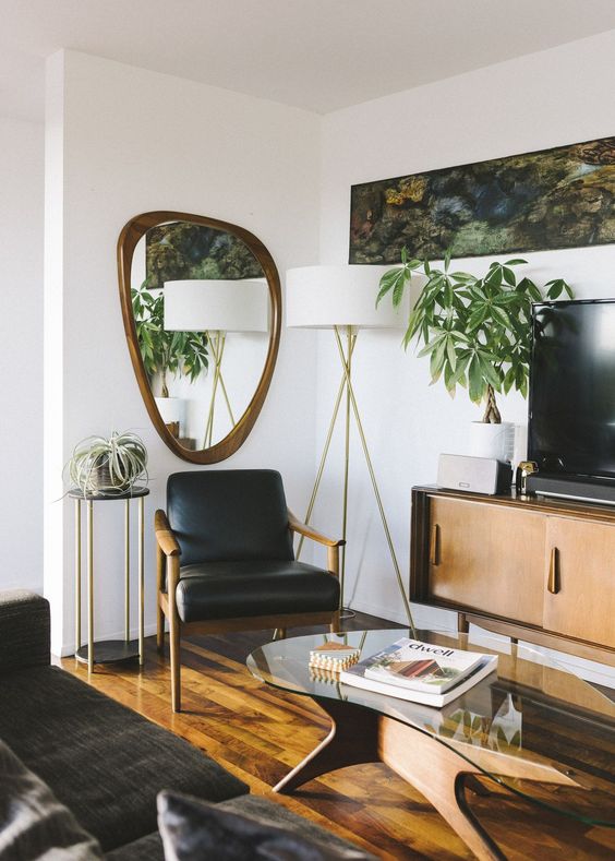 Water element Feng Shui | Geometric mirror mid-century modern black leather arm chair living room | Girlfriend is Better