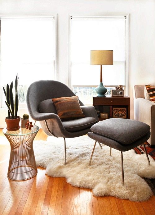 Cancer astrology home decor | Black leather mid-century modern chair flokati rug blue lamp living room | Girlfriend is Better